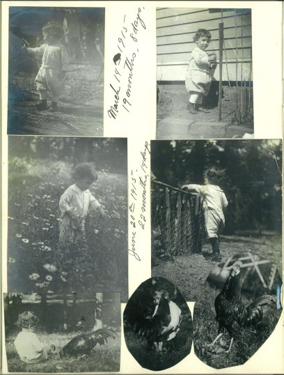 These 1915 snapshots, showing Billy enjoying the garden (and the company of a few chickens), are opposite the unrelated page that demands info on Baby's First "Creeping" (crawling). (Which was at 9 months, by the way.)