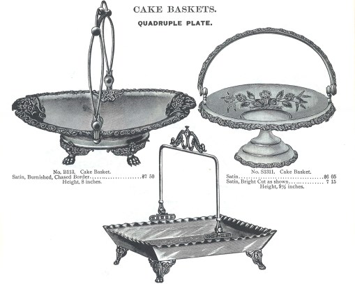 Three of the cake basket options from the 1896 Marshall Field & Co. catalog, showing the variety of styles. (The bottom basket's description is cut off; it's "satin [finish], bright-cut, 10 1/2 inches high," selling for $5.35.)